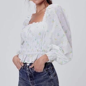 For Love And Lemons White Eyelet Puff Sleeve Smocked Top with Pastel Floral